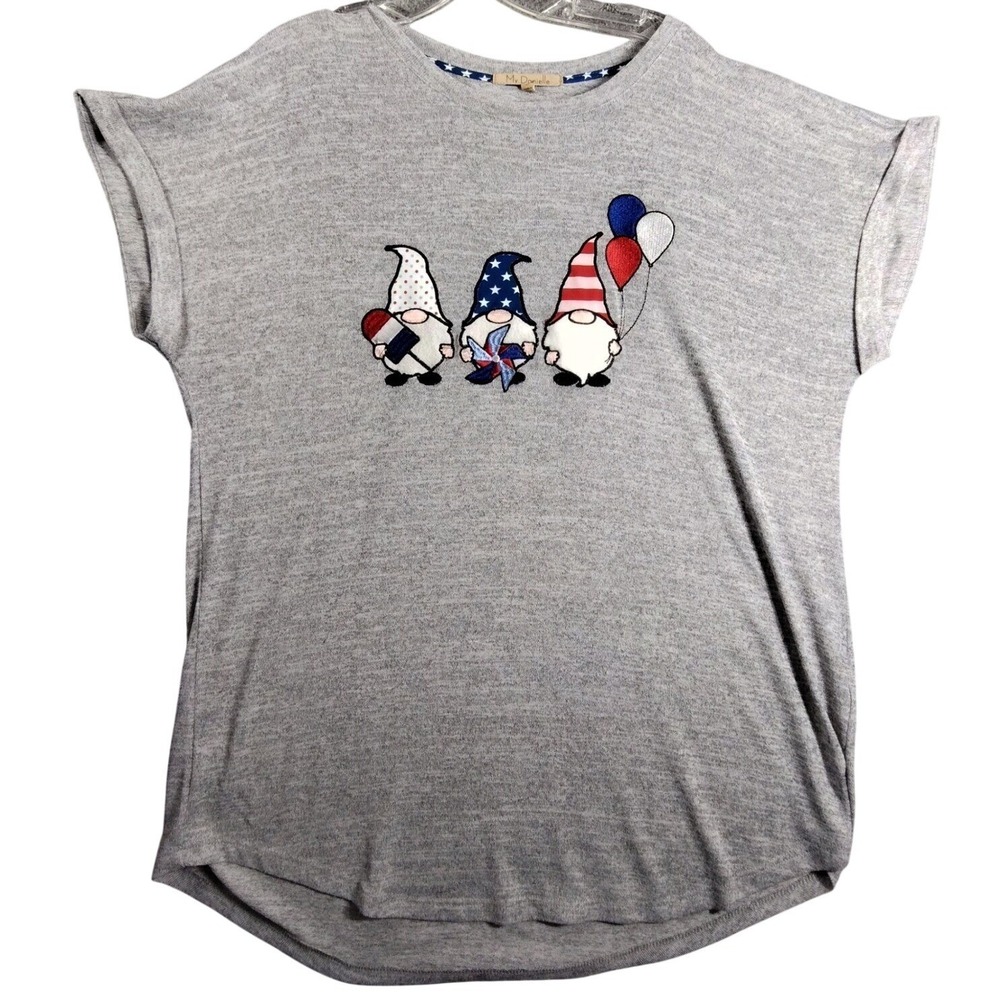 My Danielle Patriotic Gnomes Graphic Tee Women L 4th July Heather Gray Good